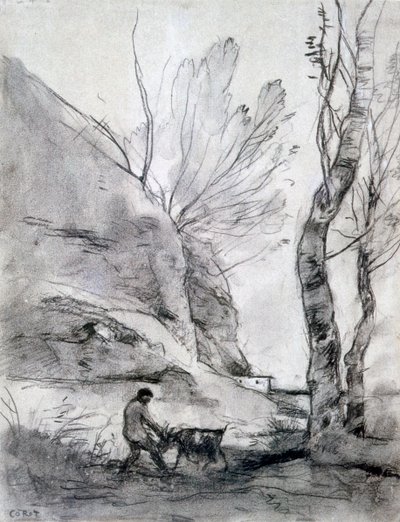 山羊に苦しむ男、c1816-1875 作： Jean Baptiste Camille Corot
