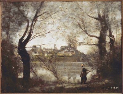 木漏れ日の中のマンテス、大聖堂、街（油彩・キャンバス 作： Jean Baptiste Camille Corot