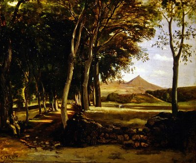並木道から見た山の風景（油彩・キャンバス） 作： Jean Baptiste Camille Corot