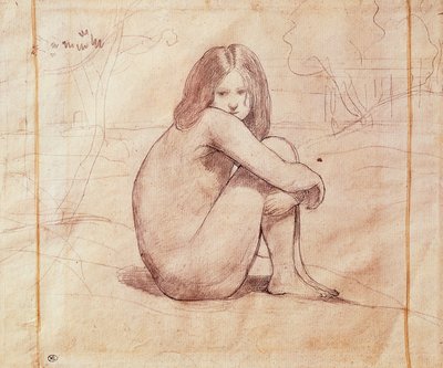 ジャン＝バティスト＝カミーユ・コロー（1796-1875）が描いた「座っている裸の少女」。 作： Jean Baptiste Camille Corot