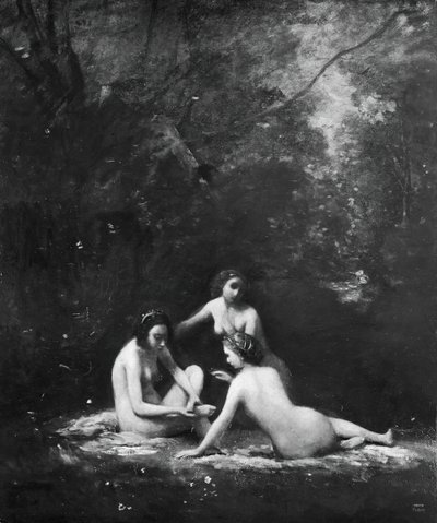 お風呂を出るニンフ、1843年。 作： Jean Baptiste Camille Corot