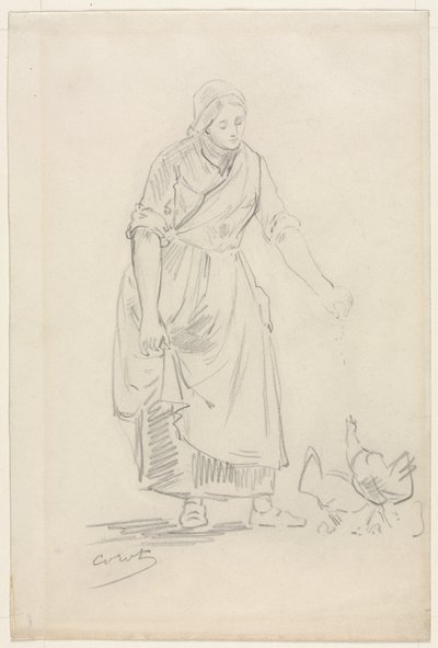 鶏に餌をやる農民の少女 作： Jean Baptiste Camille Corot