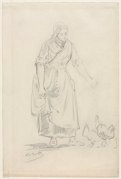 農民の少女が鶏に餌をやる、1800年代。 作： Jean Baptiste Camille Corot