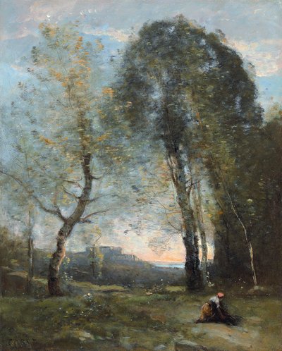農民の女性が木を集める、イタリア、c。 1870-2 作： Jean Baptiste Camille Corot