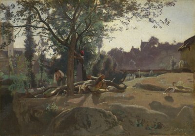 夜明けの木の下の農民、c。 1843 作： Jean Baptiste Camille Corot