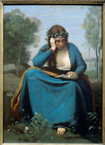 花の冠をかぶった読者」または「ヴィルジルのミューズ」 カミーユ・コロー（1796-1875）の絵画 1845年 薄さ0.45x0.34 m 作： Jean Baptiste Camille Corot