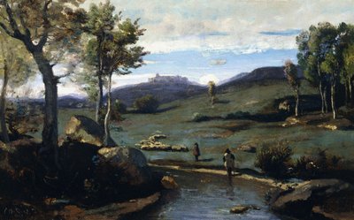 ローマの田園地帯-豚の群れがいるロッキーバレー、1843年 作： Jean Baptiste Camille Corot