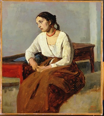 茶色のスカートに座っている女性 作： Jean Baptiste Camille Corot