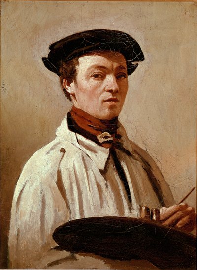 自画像。ジャン・バティスト・カミーユ・コロー（1796-1875）による絵画。キャンバスに油彩。薄さ：34x25cm。フィレンツェ、ウフィツィ美術館 作： Jean Baptiste Camille Corot