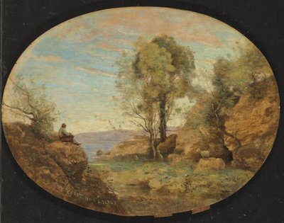 ロッキー渓谷を見下ろす羊飼い、1859 作： Jean Baptiste Camille Corot