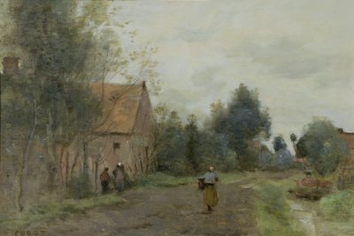 ドゥアイ近くの罪、朝の村の通り、灰色の天気、1872 作： Jean Baptiste Camille Corot