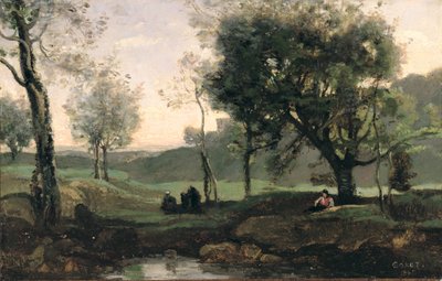 夕暮れ：木陰の人物（油彩・キャンバス） 作： Jean Baptiste Camille Corot