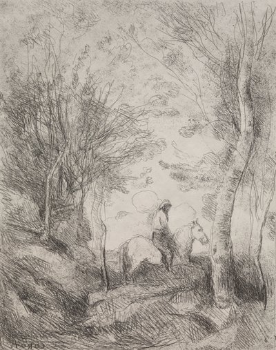 グレートキャバリアインザウッド、オリジナルの印象1854、1921年に印刷。 作： Jean Baptiste Camille Corot