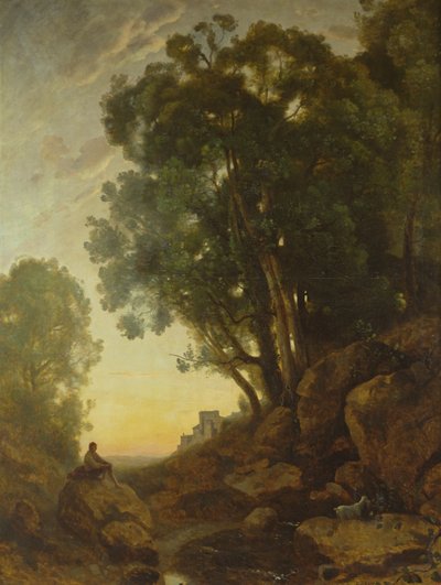 イタリアのGoatherd、または夕日の影響、c.1847 作： Jean Baptiste Camille Corot