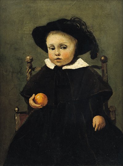 画家アドルフ・デスブローチャー（1841-1902）、子供、オレンジを抱いて1845 作： Jean Baptiste Camille Corot