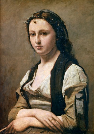 真珠を持つ女、c1842 作： Jean Baptiste Camille Corot