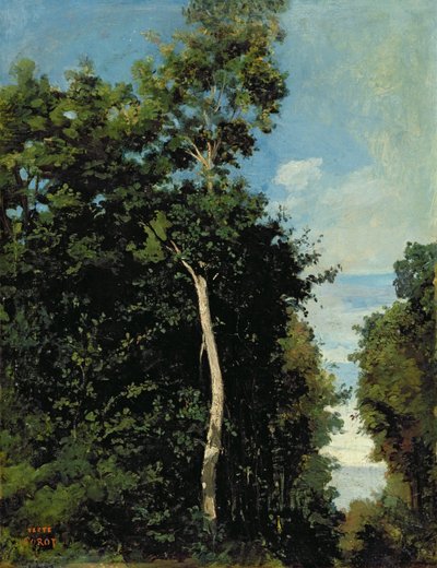 オンフルールのコート・ド・グレイスの木材（ボードに敷いたキャンバスに油彩） 作： Jean Baptiste Camille Corot