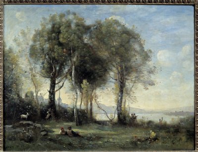 ゴンドルフォ城のヤギたち。カミーユ・コロー（1796-1875）の絵 作： Jean Baptiste Camille Corot