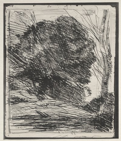 木々の山々、オリジナルの印象1856、1921年に印刷。 作： Jean Baptiste Camille Corot