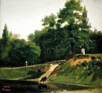 ヴィラ・ダヴレイ-コロー邸近くの小川のほとり（油彩・紙・パネル） 作： Jean Baptiste Camille Corot