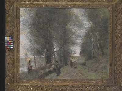ヴィル・ダヴレイ、池に接する森の道（キャンバスに油彩） 作： Jean Baptiste Camille Corot