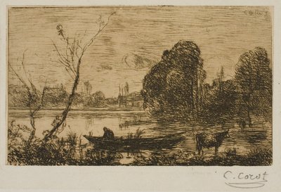 ヴィル・ダヴレイ船頭のいる池、夕方 作： Jean Baptiste Camille Corot