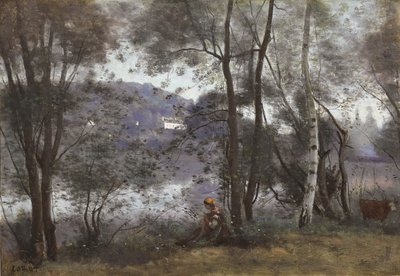 ヴィル・ダヴレイ：葉から見た湖、1865-1870 作： Jean Baptiste Camille Corot