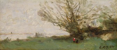 湖の横の冬の風景（パネル） 作： Jean Baptiste Camille Corot