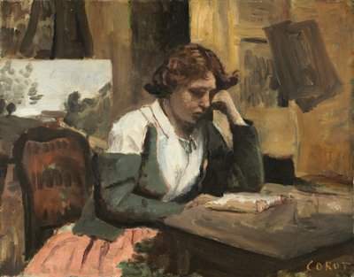 スタジオで読書する女性（1868年頃 作： Jean Baptiste Camille Corot