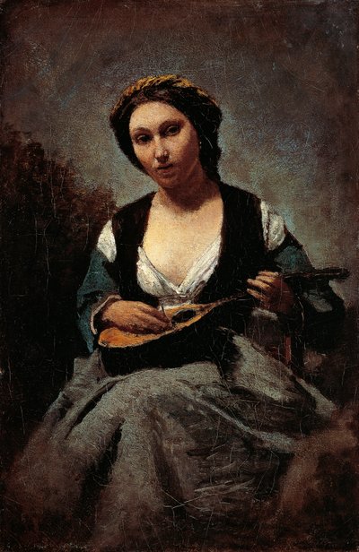 Jean-Baptiste-Camille Corot（1796-1875）によるマンドリンを持つ女性。 作： Jean Baptiste Camille Corot