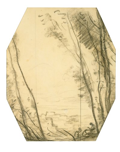 ウッドランドシーン（網目紙に木炭、桑紙で裏打ち） 作： Jean Baptiste Camille Corot