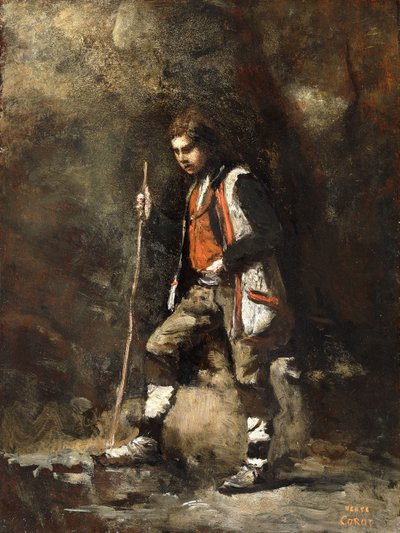山の上の若いイタリアの少年。山の若いイタリア人パター、1845-55年 作： Jean Baptiste Camille Corot