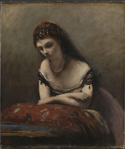 クッションに寄りかかる若い女性、1870〜72年頃（キャンバスに油彩） 作： Jean Baptiste Camille Corot