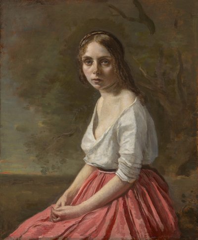 ピンクのスカートを着た若い女性、c.1845-50 作： Jean Baptiste Camille Corot
