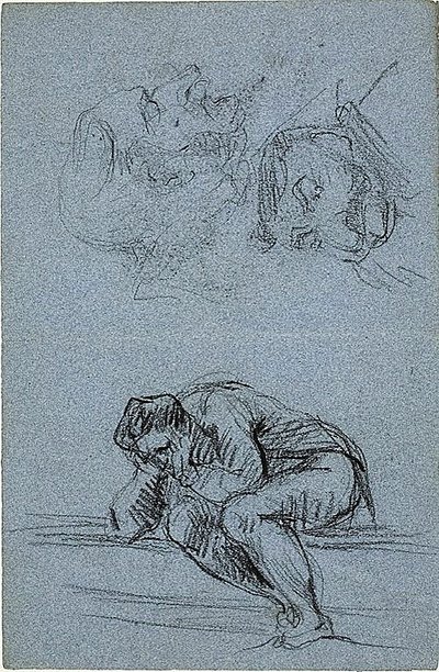 手に頭を乗せた坐像と2つの戯画（レクト）；ルネットの中の4人の人物（裏面） 作： Jean Baptiste Carpeaux