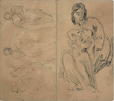 スケッチ：4人の人物と座る母子（レクト）、座る母子（裏面） 作： Jean Baptiste Carpeaux