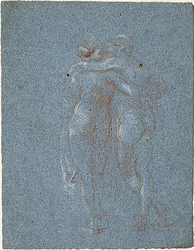 抱きしめる 2 人の立像 (直腸); 大鎌を持つ男と建物のスケッチ (裏面) 作： Jean Baptiste Carpeaux