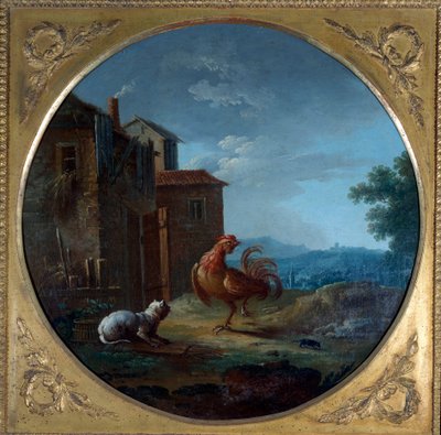 ブタ、ネコ、ネズミ。 ジャン・ド・ラ・フォンテーヌによる寓話の挿絵。 Jean Baptiste Claudot (1733-1805) の絵画 作： Jean Baptiste Claudot