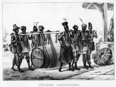 「ブラック カンゲイロス」 - ティエリー フレール (fl.1827-45) 作、1835 年に刻まれた樽を運ぶブラック ポーター 作： Jean Baptiste Debret