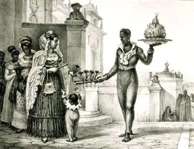 教会のドアの外にある花の売り手、「絵のような歴史的なブラジルへの旅」から、 作： Jean Baptiste Debret