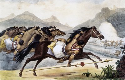 馬に乗ったグアイクル族の人々、絵のように美しく歴史的なブラジルへの旅、ブラジル 作： Jean Baptiste Debret