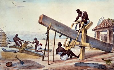 1835年、ティエリー・フレールによって彫刻された「ブラジルへの絵と歴史の旅」からの奴隷の木こり 作： Jean Baptiste Debret