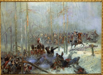 1812年のロシアのキャンペーン。"Charge of the 7 battleship of Colonel Dubois at the Berezina (Beresina) on 11/28/1812 in Russia" Jean-Baptiste-Edouard (Jean Baptiste Edouard) Detaille (1848-1912) の絵画 19世紀。パリ、アルミー美術館 作： Jean Baptiste Edouard Detaille