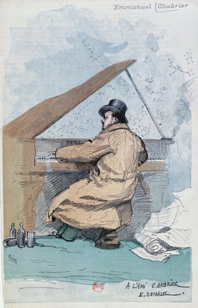 フランス、パリ、フランスの作曲家エマニュエル・シャブリエのカラー・エングレーヴィング 作： Jean Baptiste Edouard Detaille
