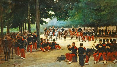 レビュー中にブローニュの森でリラックスした歩兵連隊、1885年頃 作： Jean Baptiste Edouard Detaille