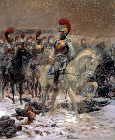 1812年のロシアのキャンペーン。"突撃前、ウィンコウォのカラビニエ" ジャン＝バティスト＝エドゥアール・デテール（1848-1912）の絵画 19世紀 0,89x0,79 m パリ、軍隊博物館 - 1812年のロシアのキャンペーン。突撃の前に、ウィンコウォのカラビニャー。 作： Jean Baptiste Edouard Detaille
