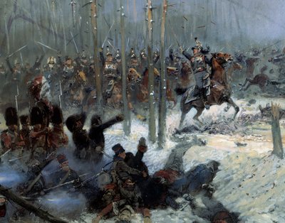 1812年のロシアキャンペーン"Charge of the 7th battleship of Colonel Dubois at la Berezina (Beresina) on 11/28/1812 in Russia" Detail.ジャン・バティスト・エドゥアール（Jean Baptiste Edouard）デテール（1848-1912）の絵画 19世紀。パリ、アルミー美術館 作： Jean Baptiste Edouard Detaille