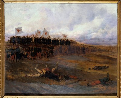 1870年のパリの包囲戦。"キリスト教教義の学校の兄弟たちが戦場に向かう" エドゥアール・ディテール（1848-1912）による絵画 1872年 日。0.53x0.65 m 作： Jean Baptiste Edouard Detaille