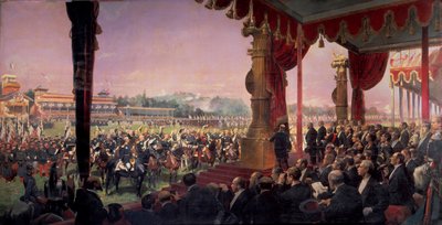 1880年7月14日、レオン・ガンベッタの立ち会いのもと、ジュール・グレヴィ大統領がロンシャンで行った旗の配布。国家元首に挨拶する将軍たち、マレシャル・カンロベールの周りのグループ。エドゥアール・ディテール（1848-1912）による絵画 作： Jean Baptiste Edouard Detaille