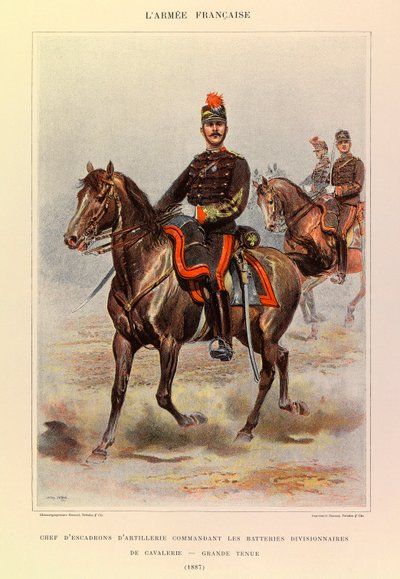 ジュール・リシャール大尉のフランス軍の種類と軍服、エドゥアール・ディテール（1848-1912）のイラストレーション。1887年、大型服を着た騎兵師団を指揮する砲兵隊長、個人蔵 作： Jean Baptiste Edouard Detaille